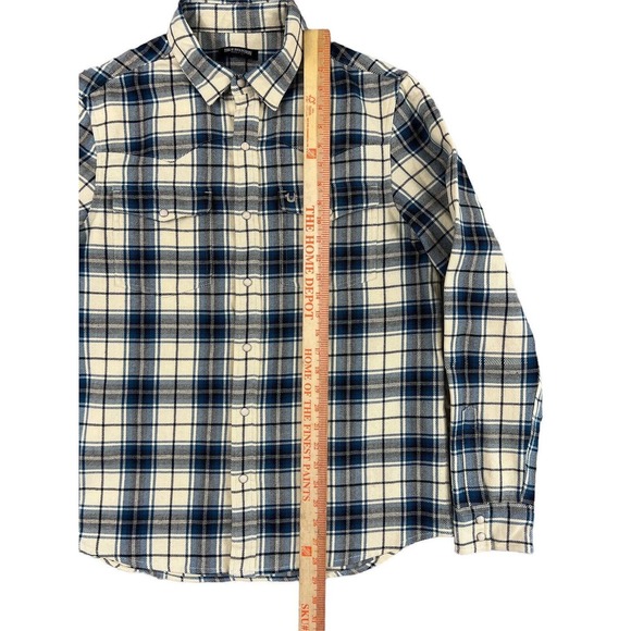 True Religion Men Tan Blue Plaid Long Sleeve Button Snap‎ Shirt Size Medium - Picture 5 of 6